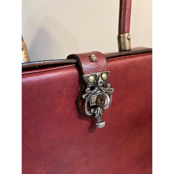 VIntage Etienne Aigner Leather Frame Bag Studded Red Cognac 1960s - Picture 3 of 12